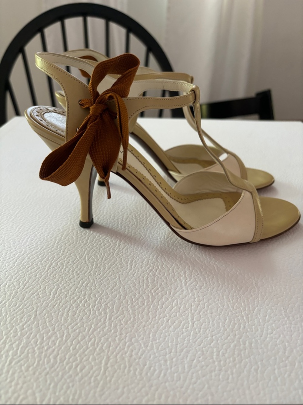 Yves Saint Laurent Cream and Tan T-Strap Heels with Brown Bow Accent